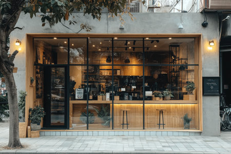 Coffee shop vibes urban location photography modern design street view cozy atmosphereの素材