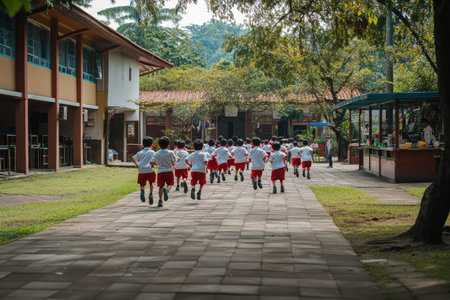 Students participating in a fun run at school outdoor courtyard photography daylight dynamic environmentの素材