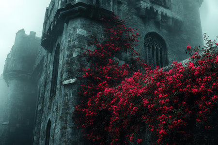 Mysterious castle ruins surrounded by vibrant bougainvillea enchanted landscape atmospheric viewの素材