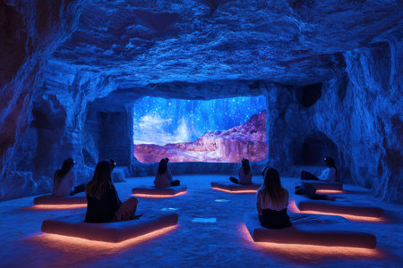 Meditation session in a cave digital projections relaxing environment serene viewpointの素材