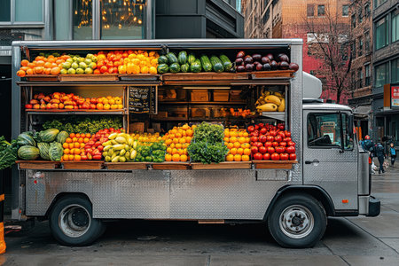 Vibrant fruit and vegetable truck city streets food market urban environment side view fresh produceの素材
