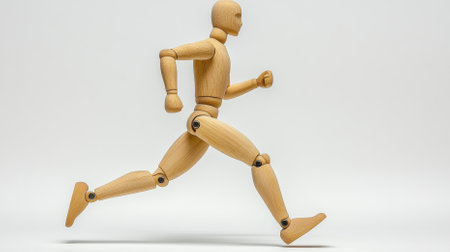 Dynamic wooden figure running in studio setting action pose art model isolated backgroundの素材