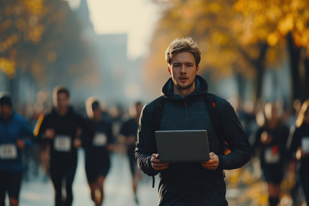 Remote work challenge runner uses laptop during marathon in urban park action shotの素材