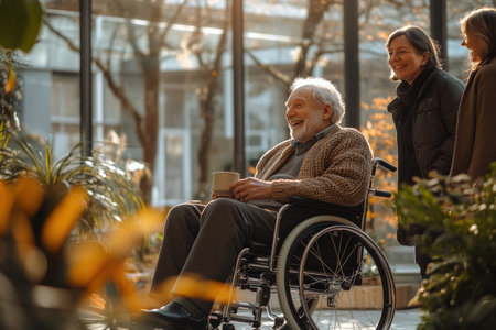 Warm atmosphere elderly man in wheelchair enjoys nature with friends in urban gardenの素材