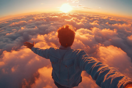 Daring sunset adventure above the clouds photography open sky inspirational journeyの素材
