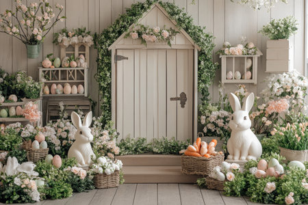 Easter decoration display spring season home decor indoor front view festive atmosphereの素材