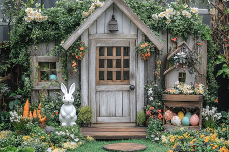 Springtime garden celebration rabbit and colorful eggs in vibrant close-up photographyの素材