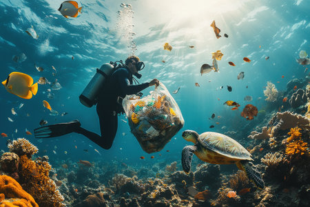 Underwater cleanup action by diver for coral reef and marine eco-friendly conservationの素材