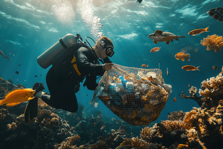 Divers ocean cleanup close-up of coral reef and marine environmental awarenessの素材