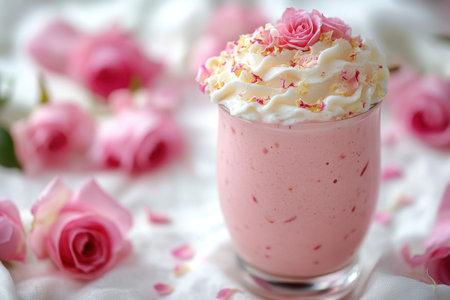 Delightful rose milkshake kitchen counter food photography soft lighting close-up indulgent treatの素材