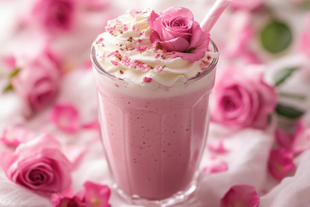 Refreshing rose milkshake recipe home kitchen food photography cozy setting close-up indulgent treatの素材