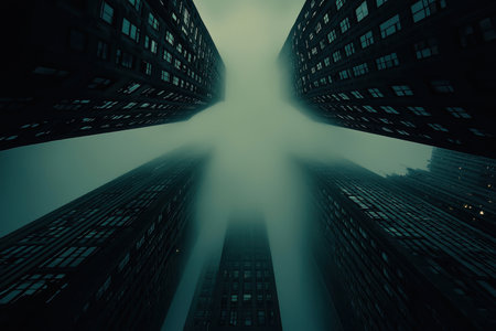 Mysterious fog envelops urban skyscrapers cityscape photo twilight low angle atmosphereの素材