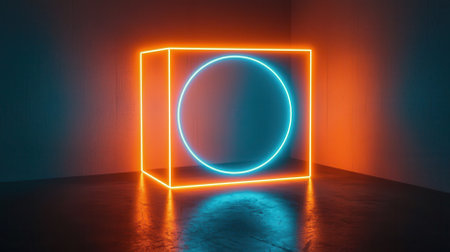 Dynamic neon shapes modern studio digital art futuristic environment low angle view abstract conceptの素材