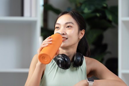 Young woman hydrating after workout, promoting wellness and fitness lifestyle.