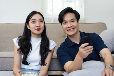 Couple enjoying a movie night, sharing snacks and laughter at home.