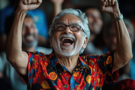 Cheering fans celebrate victory sports event stadium joyful atmosphere close-up emotionの素材