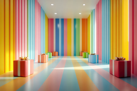 Vibrant modern interior colorful room with gift boxes in a playful environmentの素材