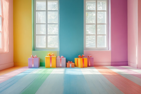Colorful gift presentation in a bright room celebration setup vibrant atmosphere playful viewpointの素材