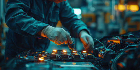 Electrical technician repairing machinery in industrial facility close-up view technology conceptの素材