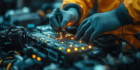 Precision engineering technician repairs circuit boards in high-tech workshopの素材