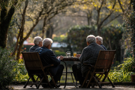 Elderly men enjoying afternoon tea in a serene garden setting leisure time natural lightの素材
