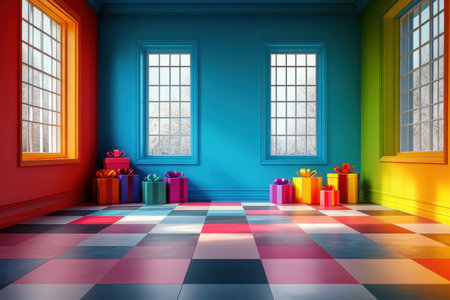 Wide angle view of a vibrant gift-filled room with colorful festive decorの素材