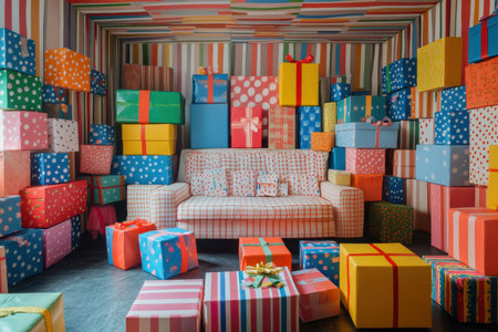 Festive gift-packed room cozy living space photography colorful environment wide angle holiday vibesの素材
