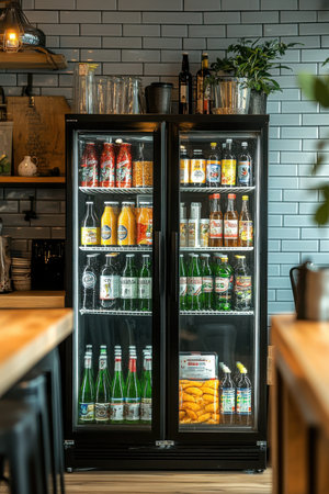 Refreshing beverages showcase a captivating urban cafeteria experienceの素材