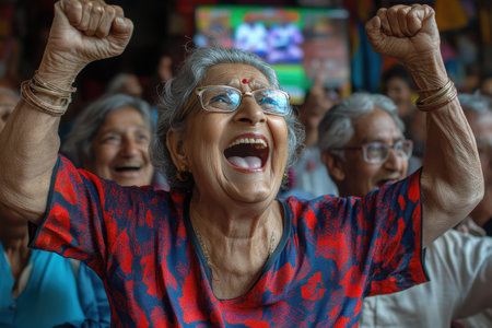 Excitement and joy elderly fans celebrate victory in a close-up sports arenaの素材