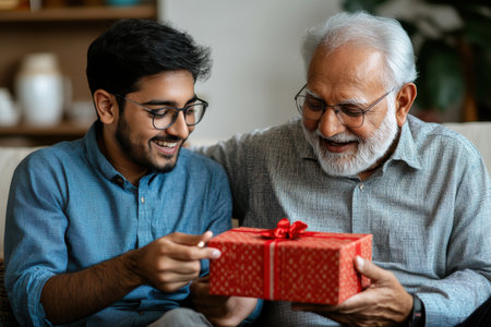 Celebrating generations grandfather and grandson exchange gifts at home emotional bonding momentの素材