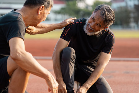 Senior men encouraging each other during a fitness session, focusing on wellness and camaraderie.の写真素材