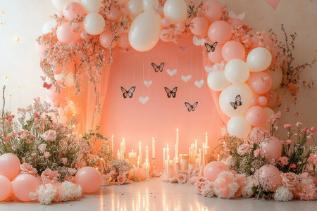 Elegant pink balloon and flower decor creating a romantic wedding atmosphereの素材