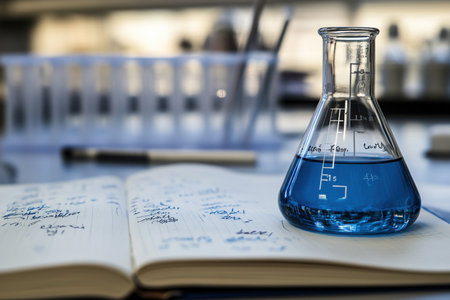 Conducting innovative experiments in a science laboratory with glassware and notesの素材