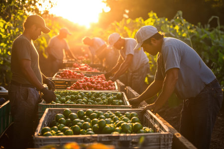 Harvesting fresh produce farmers working at sunset in a tomato and lime fieldの素材