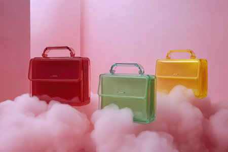 Fashion photography colorful transparent handbags in a playful studio environmentの素材