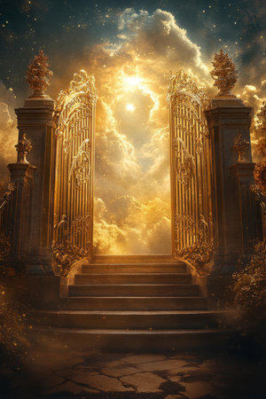 Majestic golden gates opening to celestial clouds fantasy scene surreal landscape dreamlike viewの素材