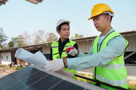 Sustainable Energy and Solar Panel Installation. Two technicians collaborating on solar panel setup to promote clean energy.の写真素材