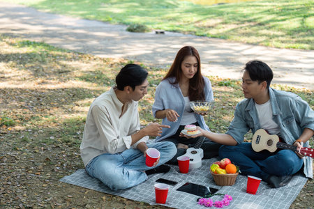 Picnic with friends featuring music, snacks, and laughterの写真素材