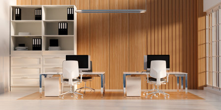 Sleek Office Design with Functional Workspace Elements, 3D render illustrationの写真素材