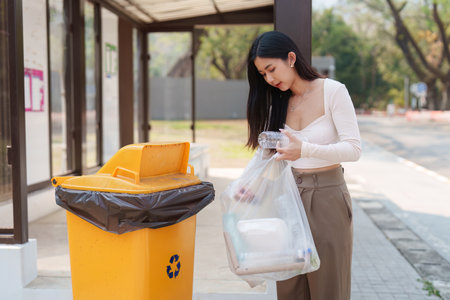 Sustainability and Recycling Awareness. A woman responsibly disposing of recyclables in a designated...
