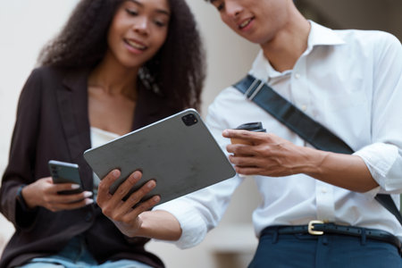 Sustainable Ideas and Tech Engagement. Two friends collaborate on technology while discussing...