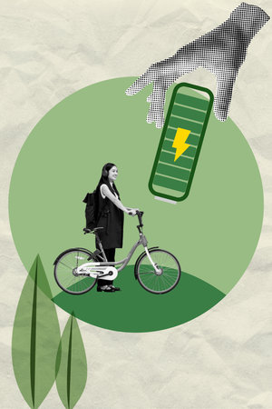Clean Energy and Active Living. A woman stands with her bicycle as a hand symbolizes energy transfer, promoting sustainability.の写真素材