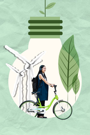 Sustainable Transportation and Eco-Friendliness. A woman enjoys riding a green bicycle amidst symbols of renewable energy.の写真素材