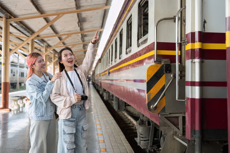 Exploration and Excitement. Two friends are excitedly pointing at a train as they prepare for their travel adventure.の写真素材