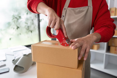 Inventory Management and Packaging Efficiency. A hands-on entrepreneur sealing packages with a tape dispenser.の写真素材