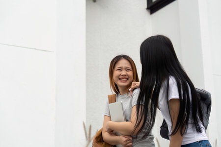 Bonding and Education. Friends sharing laughter as they chat outside, capturing the spirit of youthful camaraderie at school.の写真素材