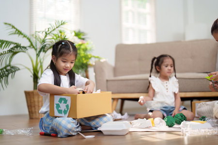 Recycling and Environmental Awareness. Children having fun while learning the importance of recycling through creative arts.の写真素材