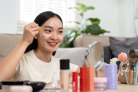Skincare and Empowerment. A woman smiles while applying oil to her face, showcasing her vibrant skincare collection.の写真素材