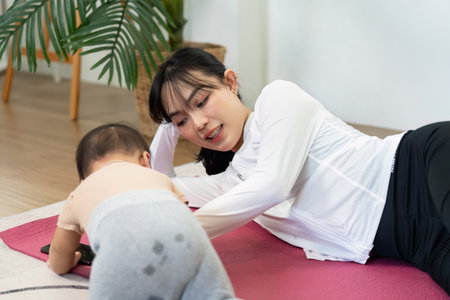 Playtime and Bonding. A mother engages with her baby while lying on a mat, combining fitness with fun.の写真素材