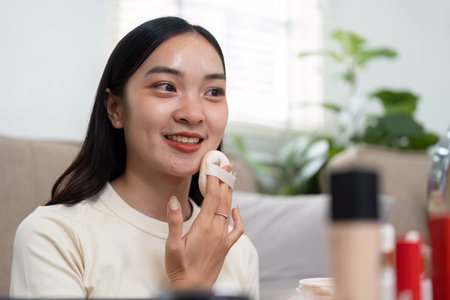 Skincare and Empowerment. A young woman applying foundation with a sponge to enhance her natural beauty.の写真素材